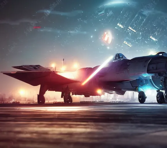 Prompt: futuristic sci fi fighter jet lands at runway of cyberpunk city, night photo ,dark cinematic lighting , digital concept art