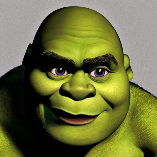 Prompt: shrek with red eyes, head shot