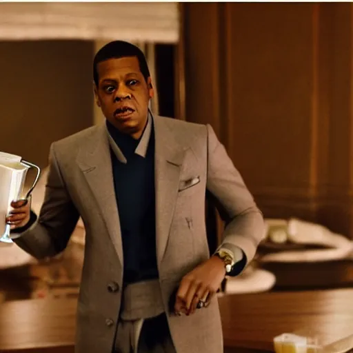 Image similar to cinematic shot of jay - z wearing a suit and standing in a fancy penthouse holding a jug of milk, 8 k, very detailed, very intricate,