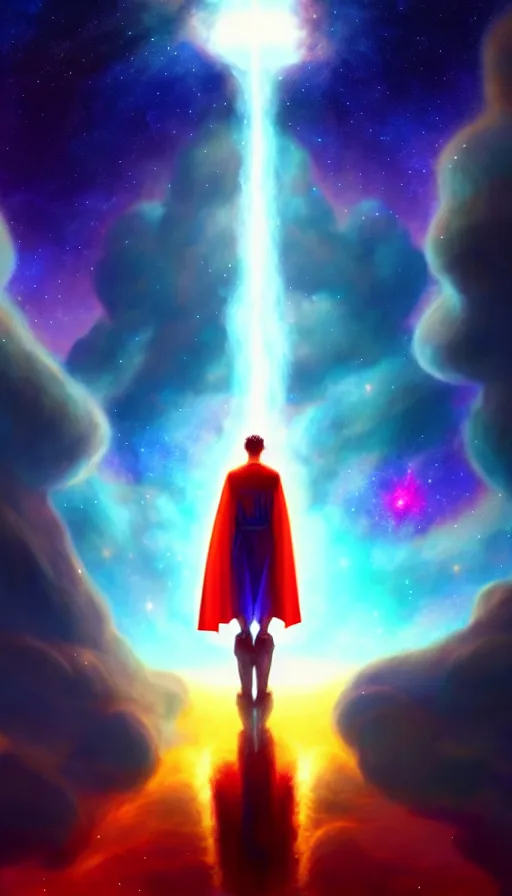 Prompt: celestial god with a cape, epic scene, colors, holy, full body, galaxy, and, stars, atmosphere, unreal engine, pixar, video game, ethereal, insanely, detailed, volumetric, symmetrical, concept art, charlie bowater, unreal engine, artstation, cinematic, video game, digital painting, artist maena