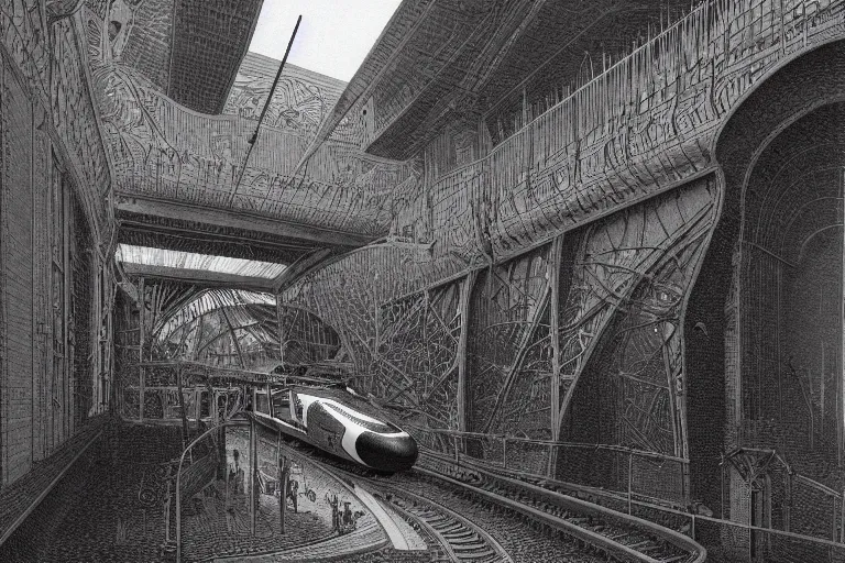 Image similar to intricate, 3 d, bullet train, style by caspar david friedrich and wayne barlowe and ted nasmith.