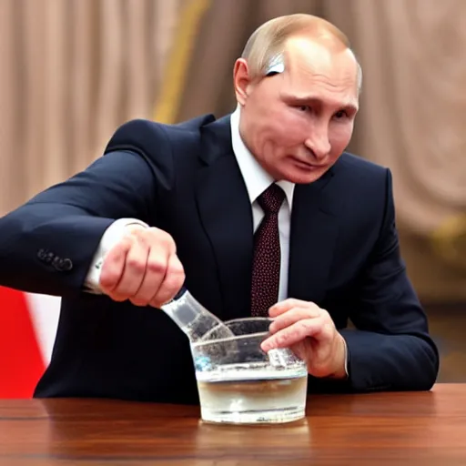 Prompt: putin pouring a glass of water into his head