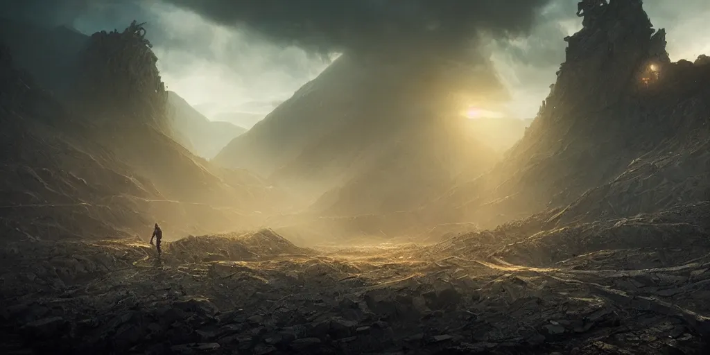 Image similar to an ultra realistic, cinematic, fantasy landscape, with a deserted coal mine, detailed, deep focus, movie still, dramatic lighting, ray tracing, by wlop and ross tran