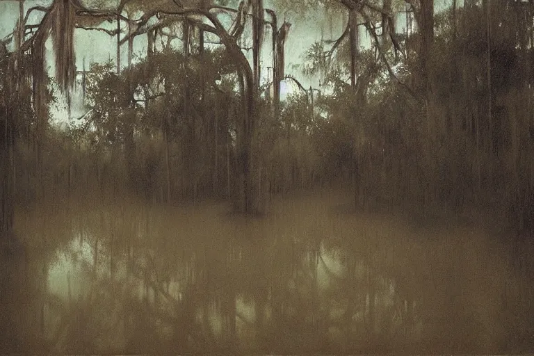 Image similar to scene from louisiana swamps, graveyard, voodoo, artwork by tim eitel