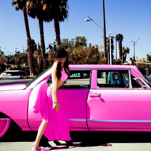 Image similar to Young woman in Los Angeles driving pink lowrider, high contrast, photo