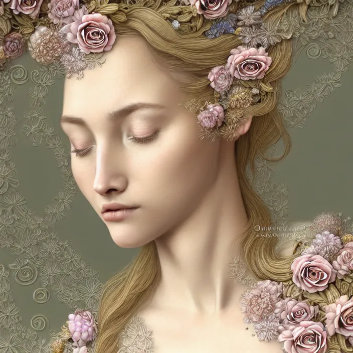 Image similar to photo portrait of a beautiful woman like a nymph - flowers - dressed in long elegant intricate ornamental ethereal floral dress, natural skin tone, highly detailed realistic flowers ornament in the upper side of breast, bust with a long beautiful neck , long blond hair are intricate with highly detailed realistic flowers, elegant, Realistic, Refined, Highly Detailed, natural soft pastel lighting colors scheme, fine art photography by Cecil Beaton, volumetric lighting, hyper realistic photography
