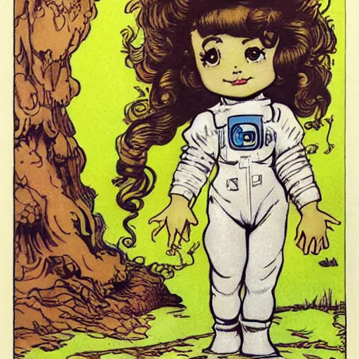 Prompt: a cute little girl with a mischievous face and short brown wavy curly hair. she is dressed as an astronaut. well composed, clean elegant painting, beautiful detailed face. comic book art by steve ditko and jack kirby and ( arthur rackham )