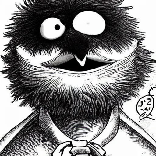 Image similar to big bird from sesame street, style of kentaro miura!!!!, black and white, undead