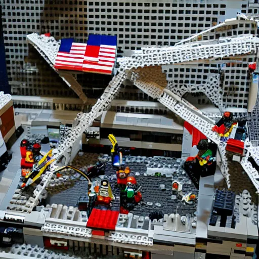 Prompt: lego model of 9/11 terror attack.