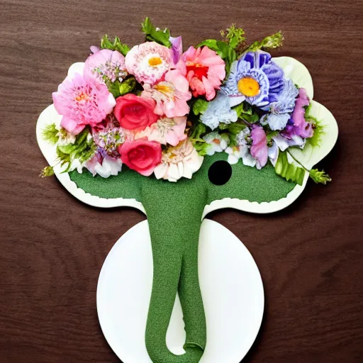 Image similar to a flat elefant on a plate with flowers on top