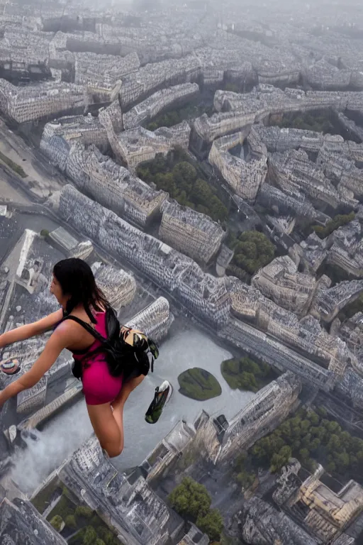 Image similar to hispanic female teen clambing, climber point of view 200m above Paris, at night, downpour, still from Mission Impossible action movie, action scene