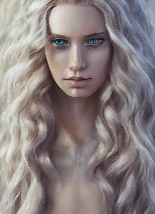 Image similar to a painting of a woman with long blonde hair, a photorealistic painting by magali villeneuve, featured on cgsociety, fantasy art, detailed painting, photorealistic