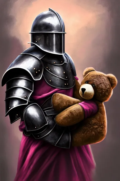 Prompt: a matte oil painting of a knight in full iron plate armor that is holding a teddy bear, inside a pink bedroom, in the style of an oil painting and d & d art, fullbody, photorealistic, sharp focus, award - winning, extremely detailed, 4 k,