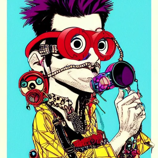 Image similar to a eccentric goth guy wearing goggles and eclectic jewelry, aesthetic!!!, by geof darrow, by jamie hewlett,