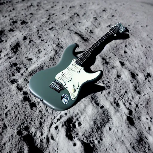 Image similar to real photo of a stratocaster electric guitar standing idle on the moon. detailed. 8k