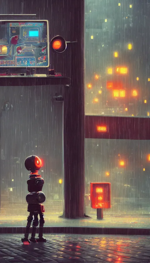 Image similar to videogame cabinet robot asking for coins in the rain, sharp focus, james gilleard, cinematic, game art, extremely detailed digital painting, print