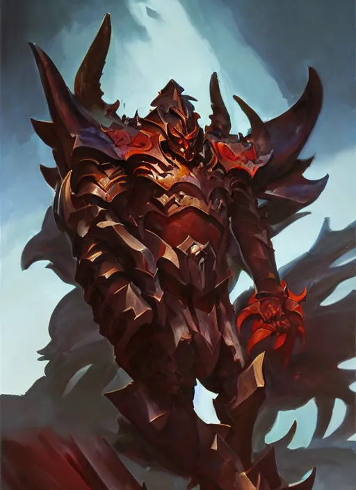 Image similar to Greg Manchess portrait painting of a demonic, devil armored character from league of legends, full shot, asymmetrical, profile picture, Organic Painting, sunny day, Matte Painting, bold shapes, hard edges, street art, trending on artstation, by Huang Guangjian and Gil Elvgren and Sachin Teng