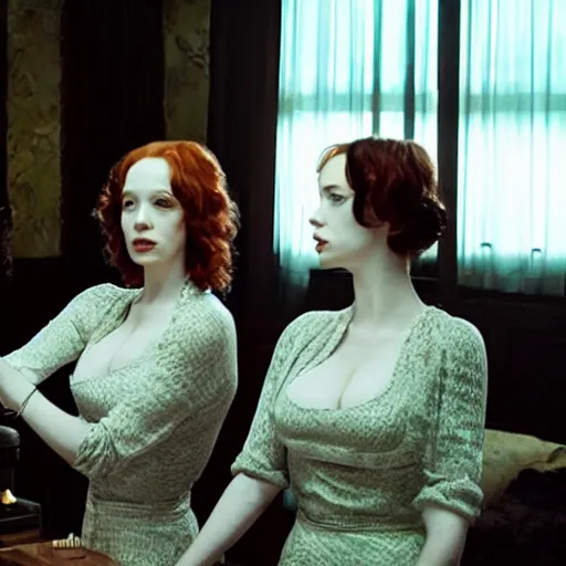 Image similar to a very surprised beautiful Christina Hendricks and her twin sister in the living room, film still from the movie directed by Denis Villeneuve with art direction by Salvador Dalí, wide lens