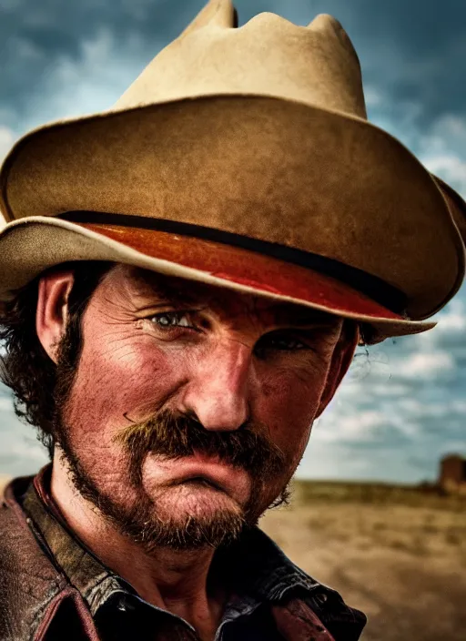 Image similar to closeup portrait of desperate dan (cowboy), zeiss lens, detailed, symmetrical, centered, fashion photoshoot, by Annie Leibovitz and Steve McCurry, David Lazar, Jimmy Nelsson, Breathtaking, 8k resolution, extremely detailed, beautiful, establishing shot, artistic, hyperrealistic, beautiful face, octane render