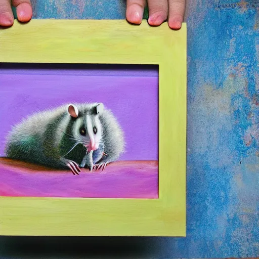 Prompt: an opossum holds up the finger painting it did, hd digital photography