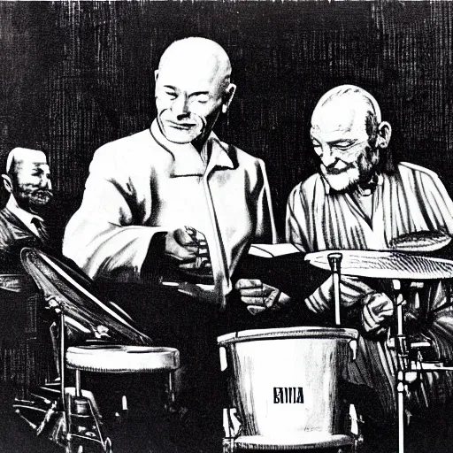 Prompt: buzz aldrin playing the drums while Lenin reads from a bible in a downtown New York jazz club in the late 1950's. etching