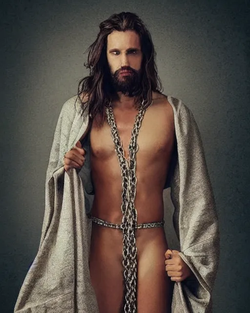 Image similar to man portrait and upper body, beautiful, robes, chains, dynamic pose, long hair, pinterest