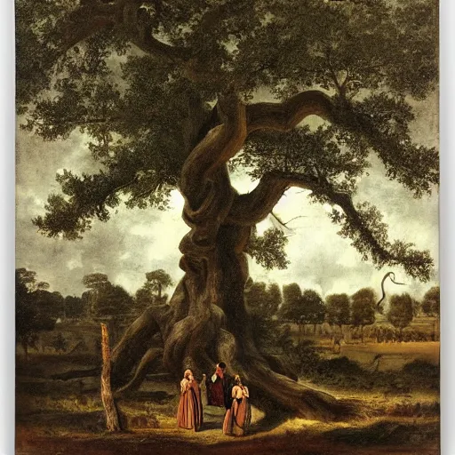 Image similar to huge tree with a lot of hanging bodies, southern gothic art, 1 9 th century scene, painted by friedrich caspar david