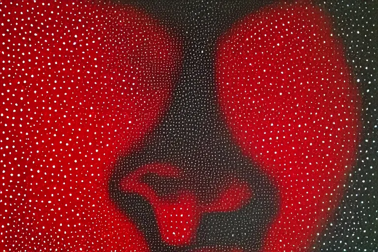 Image similar to face made out of mist, faceless people dark, dots, drip, stipple, pointillism, technical, abstract, minimal, style of francis bacon, asymmetry, pulled apart, cloak, hooded figure, made of dots, abstract, balaclava, red dots