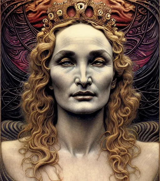 Image similar to detailed realistic beautiful young jessica lange as queen of mars face portrait by jean delville, gustave dore and marco mazzoni, art nouveau, symbolist, visionary, gothic, pre - raphaelite. horizontal symmetry by zdzisław beksinski, iris van herpen, raymond swanland and alphonse mucha. highly detailed, hyper - real, beautiful