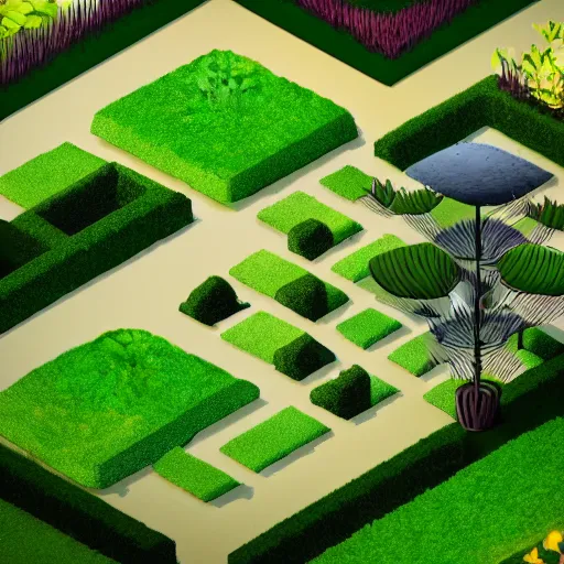 Prompt: beautiful isometric garden, trees and plants, futuristic, ideal, zen, dramatic lighting