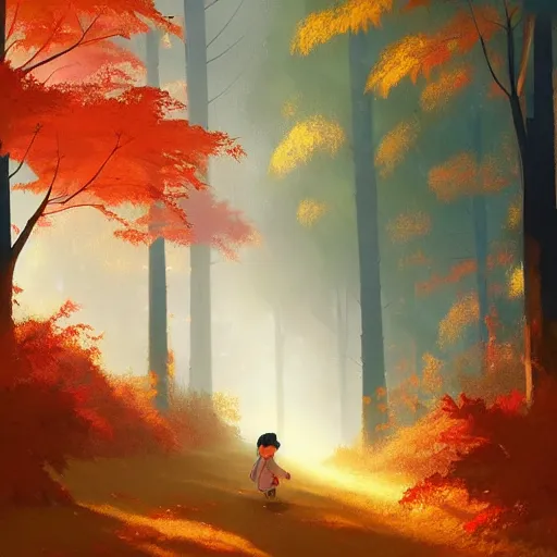 Image similar to goro fujita ilustration an autumn forest with tall trees, the ground full of leaves, the light rays reach the ground, the rain falls creating drops all over the forest., painting by goro fujita, sharp focus, highly detailed, artstation