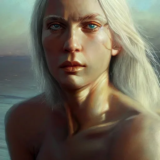 Prompt: a hyper realistic painting of a very beautiful silver haired girl with heterochromatic eyes in the sunset with muscles, digital painting, very beautiful face, pretty face, very detailed eyes, highly detailed, cute, by greg rutkowski, wlop