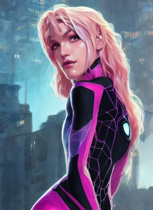 Image similar to ultra realistic illustration, bella thorne as spidergwen anime, intricate, elegant, highly detailed, digital painting, artstation, concept art, smooth, sharp focus, illustration, art by artgerm and greg rutkowski and alphonse mucha and wlop