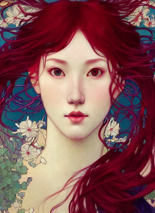 Prompt: colourful upper half portrait of a beautiful red - hair girl - art by tenmyouya hisashi, hsiao - ron cheng & alphonse mucha, highly detailed, digital painting, illustration, smooth, sharp focus, intricate, symmetry, pinterest, behance, artstation