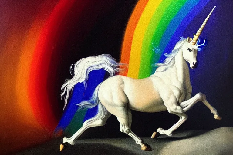 Image similar to detailed traditional painting of a unicorn walking on a solid rainbow, ((rainbow)) by Caravaggio, authentic, masterpiece, brush strokes, trending on artstation