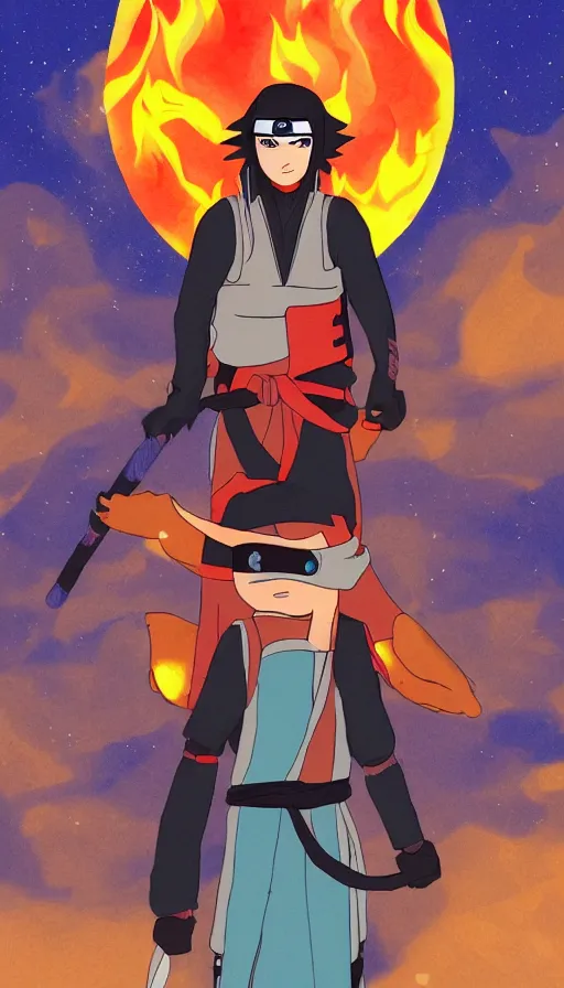 Image similar to a ninjia from the fire kingdom waiting for the bus dawn in the style of the naruto anime, inspired by the Temperacne Tarot card