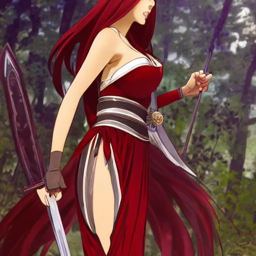 Image similar to dslr photo of beautiful erza scarlet wearing a elegant dress, standing holding a katana that is very detailed, portrait photo, real photo, real camera, extreme detailed face and body, high quality, moody lighting, fast paced lines, sharp quality, artgem, enchanting lighting, 8 k, art by alphonse mucha and greg rutkowski