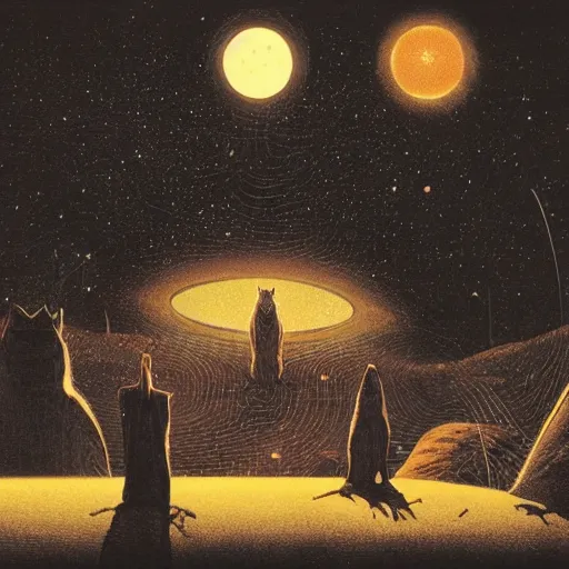 Image similar to meeting of the cats, strange felling, nighttime, artwork by Dan McPharlin and Ralph McQuarrie