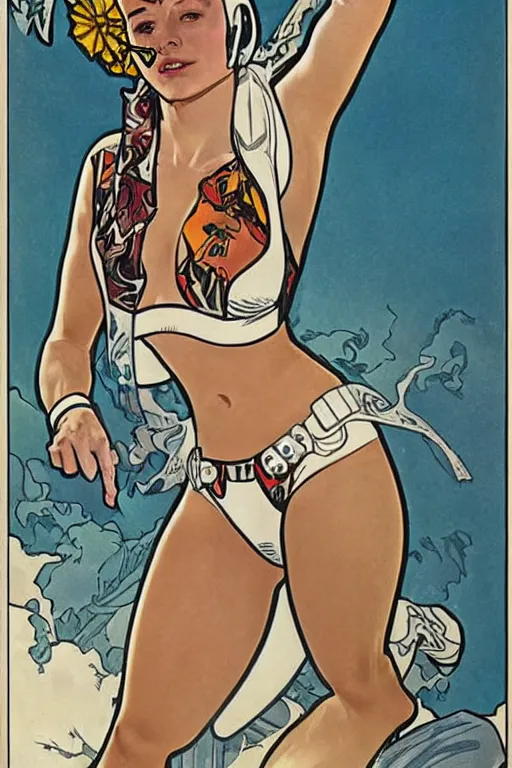 Image similar to female in white bikini with tattoos and stormtrooper helmet, well composed, clean elegant painting, beautiful detailed face. comic book art by steve ditko and jack kirby and ( alphonse mucha )
