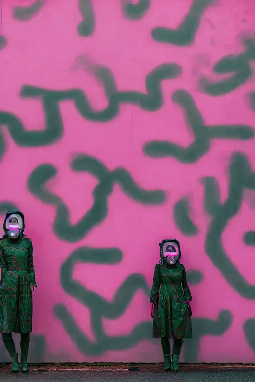 Image similar to a surreal portrait of two women wearing gas masks camouflaged into a wall of pink graffiti in the style of brooke didonato, editorial fashion photography from vogue magazine, full shot, nikon d 8 1 0, ƒ / 2. 5, focal length : 8 5. 0 mm, exposure time : 1 / 8 0 0, iso : 2 0 0