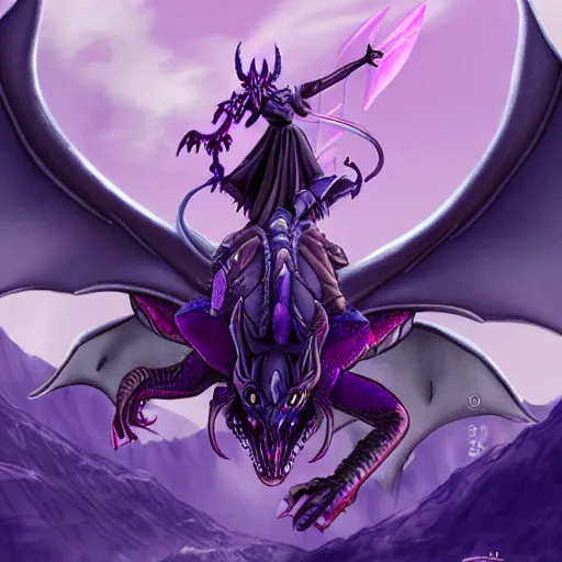 Prompt: demon girl riding a purple cyberdragon and flies above a cybercity, highly detailed