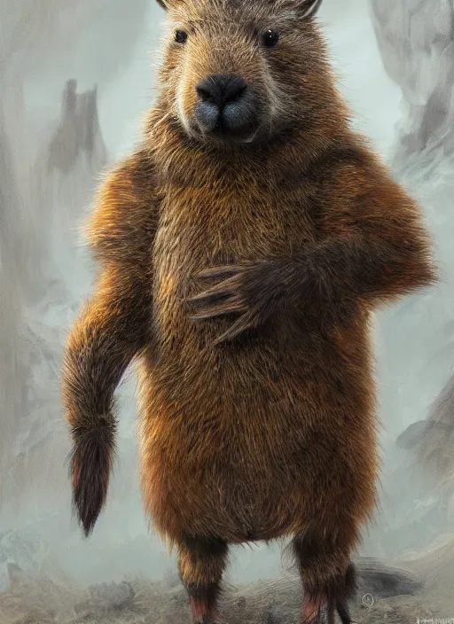 Image similar to detailed full body concept art illustration soft focus oil painting on canvas of an anthropomorphic capybara druid in full intricate clothing, biomutant, dystopian, micro detail, octane render, 4K