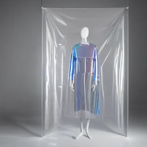 Image similar to an ultra high definition professional studio quality photograph of a transparent iridescent perspex pastel coloured raincoat tent combo on a model in an empty white room. dramatic lighting, ray tracing, refraction, shallow d. o. f, colour corrected, golden ratio, three point light. volumetric shadows. light rays.