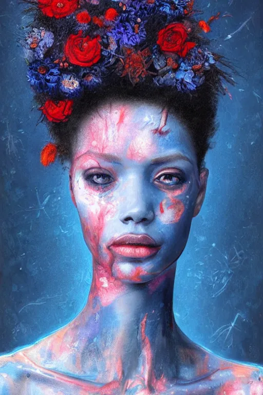Prompt: portrait of beautiful young maiden, warhammer, afro style, more and more cyberpunk, a lot of more scars, more and more flowers, blue head, some red water, the middle ages, highly detailed, artstation, illustration, artgerm sylvari portrait, 8 k quality, art by alfred kubin