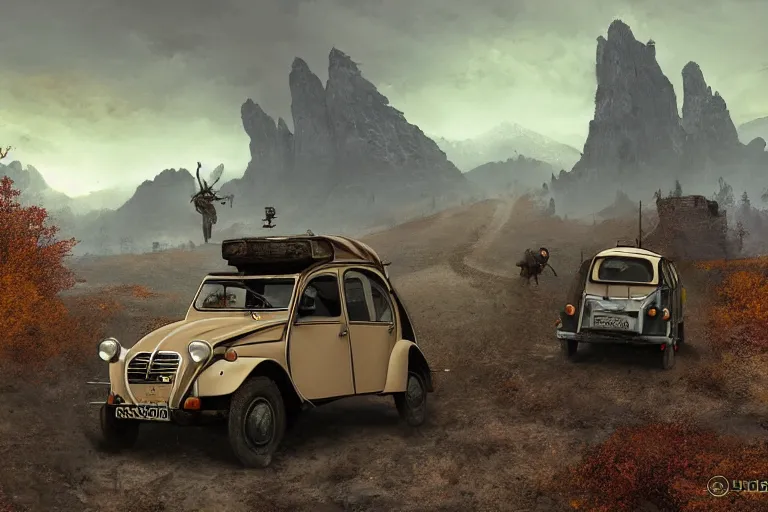 Image similar to offroad citroen 2 cv ( 1 9 6 5 ) of daedric design driving across the rift, daedric axe stored on the side of the car, leather and cloth traveller backpacks on roof, riften city in the background, epic fantasy, autumn, the elder scrolls v : skyrim, dramatic lighting, establishing shot, by simon stalenhag