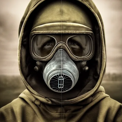 Prompt: matte painting of a stalker wearing gas mask and a hoodie in chernobyl, detailed, trending on artstation