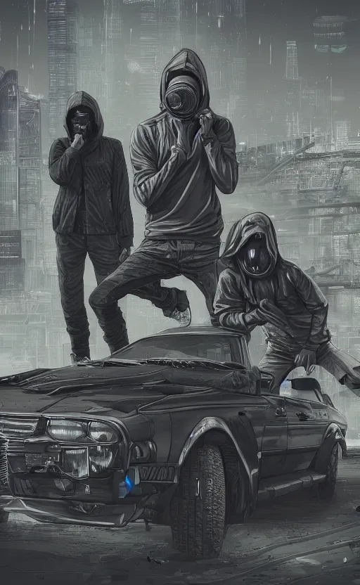 Prompt: wolf gang, cyberpunk, gray hoodie, group photo, old car, abandoned warehouse, weapon, drugs, flex position, grey bandana, gasmask, non fiction stability, intricate, elegant, 8 k, uhd, justify, artstation, concept art, matte, sharp focus, illustration, consistent, highly detailed object content, proportional object content