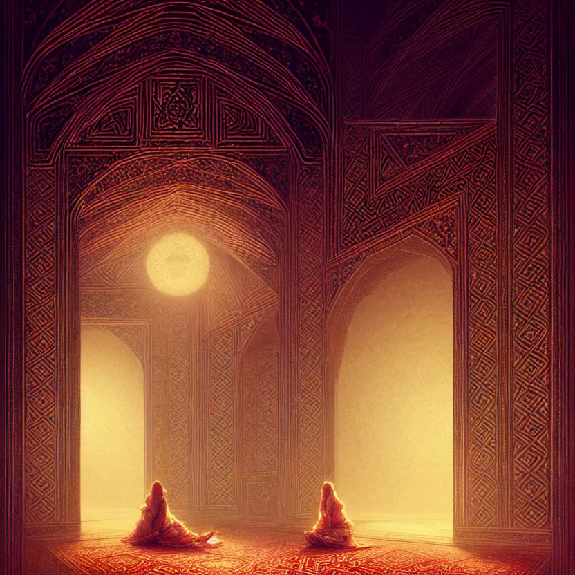 Image similar to magic fluffy Persian carpet & mirror dimension, vertical labyrinth structure, by Greg Rutkowski and Gaston Bussiere, dim lighting, beautiful volumetric-lighting-style atmosphere, surreal atmosphere, intricate, detailed, photorealistic imagery, artstation