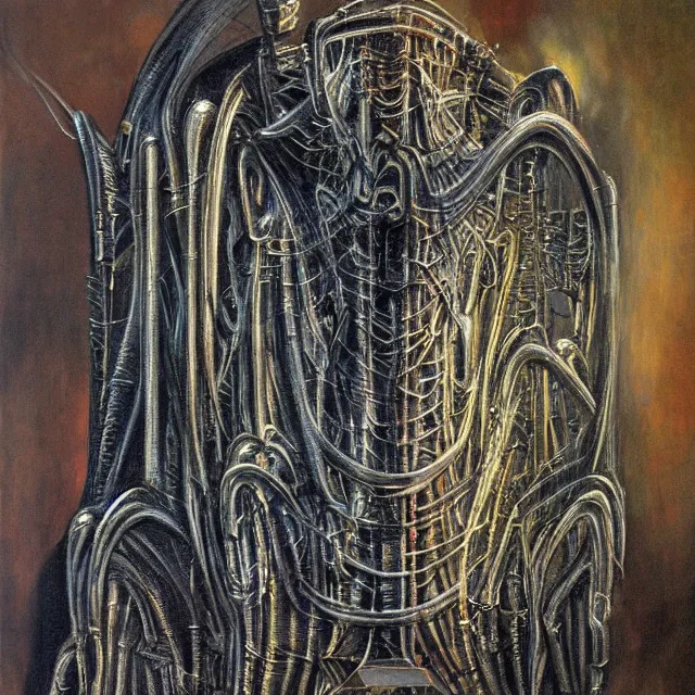 Image similar to biomechanical monolith worshipped by spiders by HR Giger, oil painting, chromatic aberration