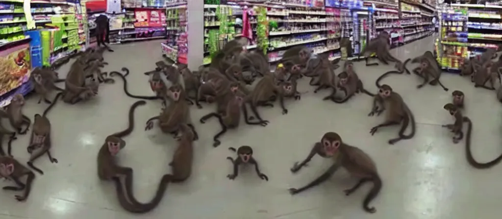 Prompt: cctv footage of a horde of monkeys raiding a walmart